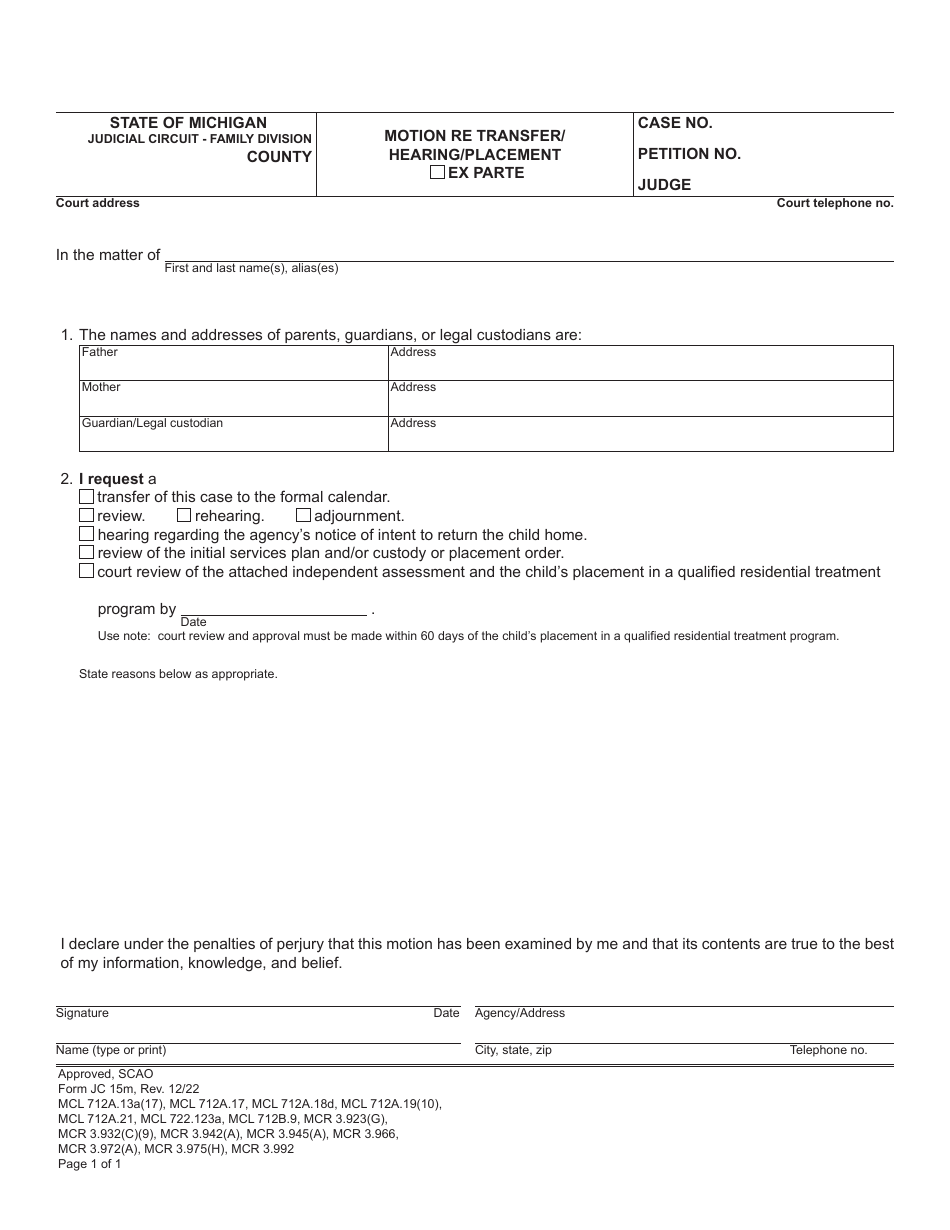 Form JC15M - Fill Out, Sign Online and Download Fillable PDF, Michigan ...