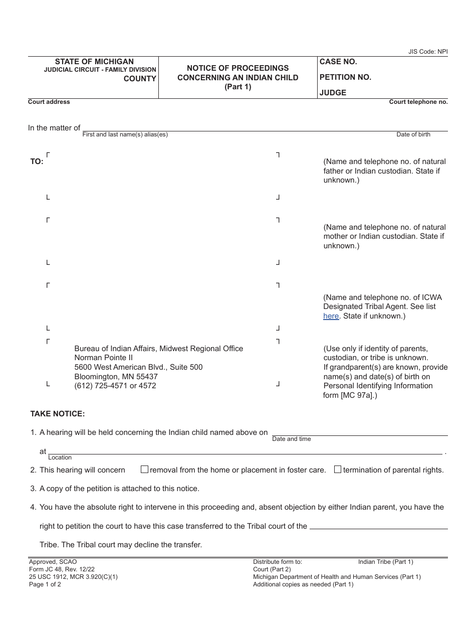 Form JC48 Notice of Proceedings Concerning an Indian Child - Michigan, Page 1