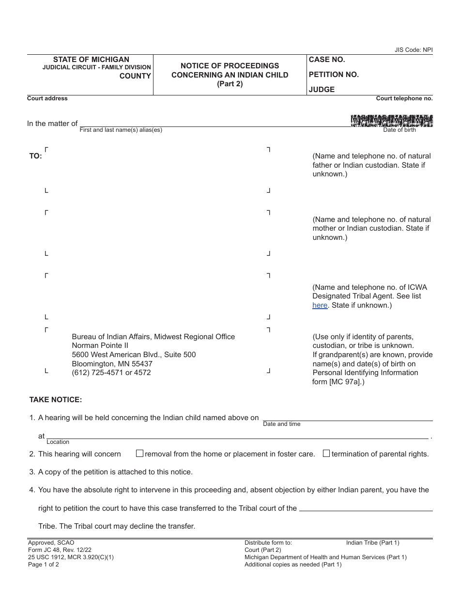 Form JC48 Notice of Proceedings Concerning an Indian Child - Michigan, Page 3