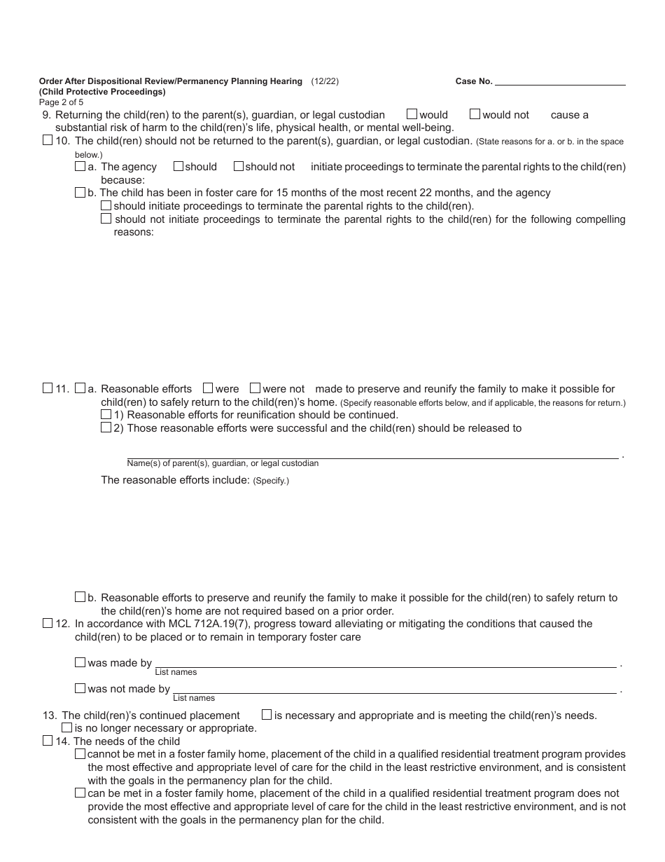 Form JC19 Order After Dispositional Review / Permanency Planning Hearing (Child Protective Proceedings) - Michigan, Page 2