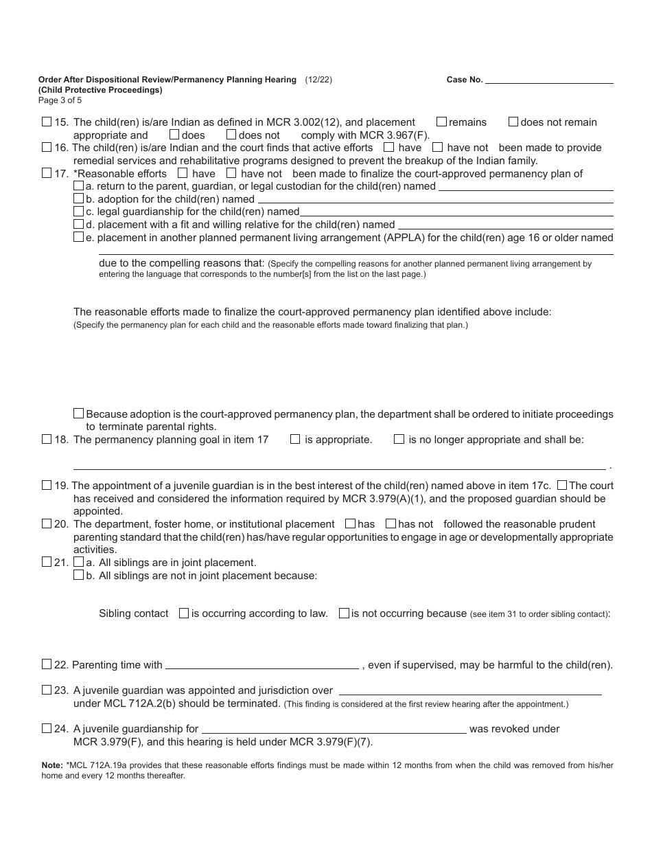 Form JC19 Order After Dispositional Review / Permanency Planning Hearing (Child Protective Proceedings) - Michigan, Page 3