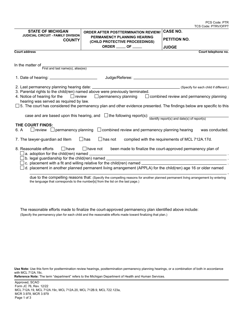 Form JC76 Order After Posttermination Review / Permanency Planning Hearing (Child Protective Proceedings) - Michigan, Page 1