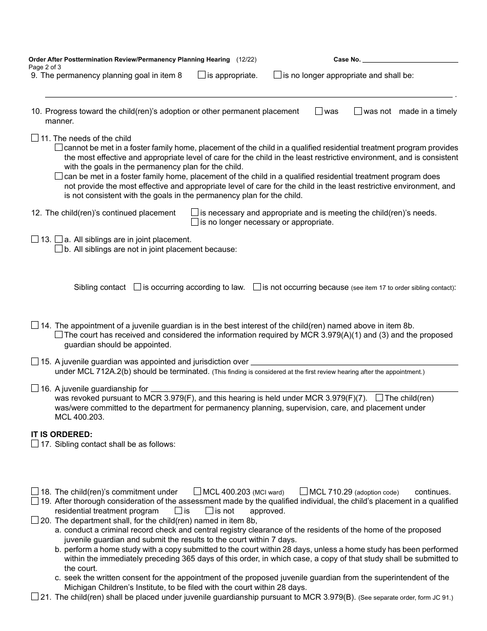 Form JC76 Order After Posttermination Review / Permanency Planning Hearing (Child Protective Proceedings) - Michigan, Page 2
