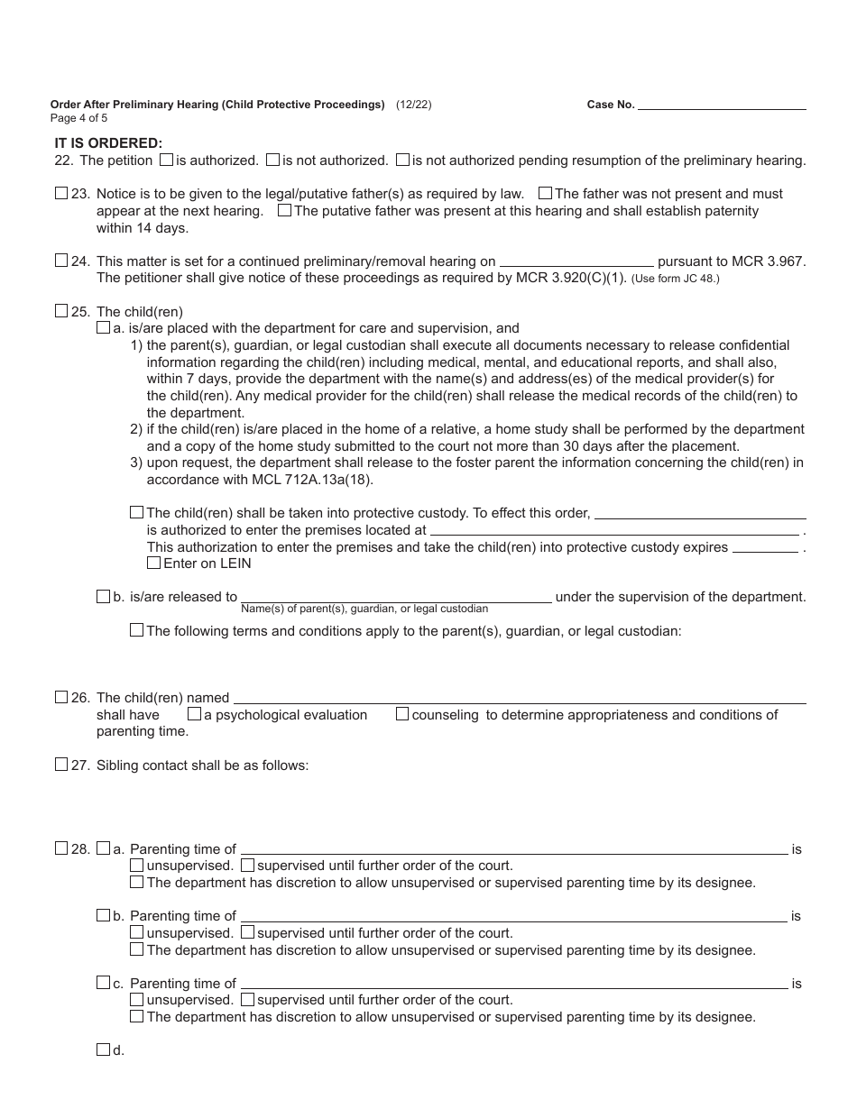 Form JC11A Order After Preliminary Hearing (Child Protective Proceedings) - Michigan, Page 4