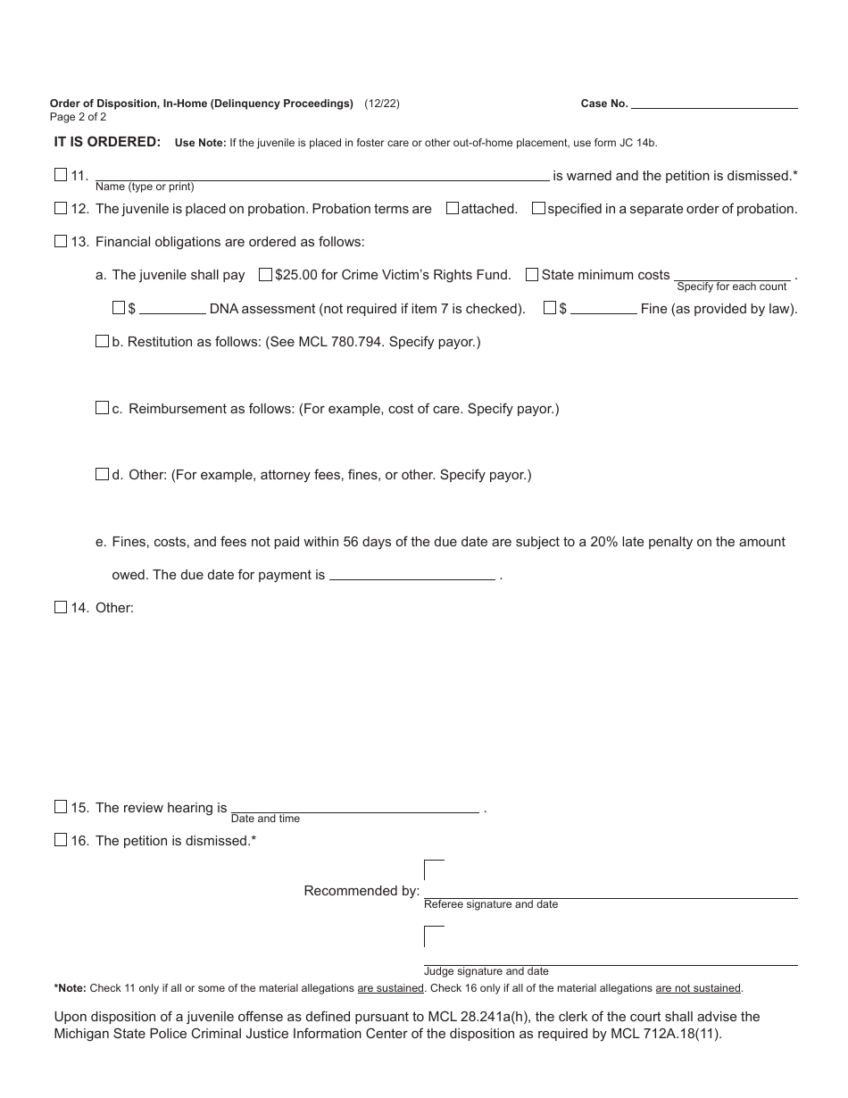 Form JC14A Order of Disposition, in-Home (Delinquency Proceedings) - Michigan, Page 2