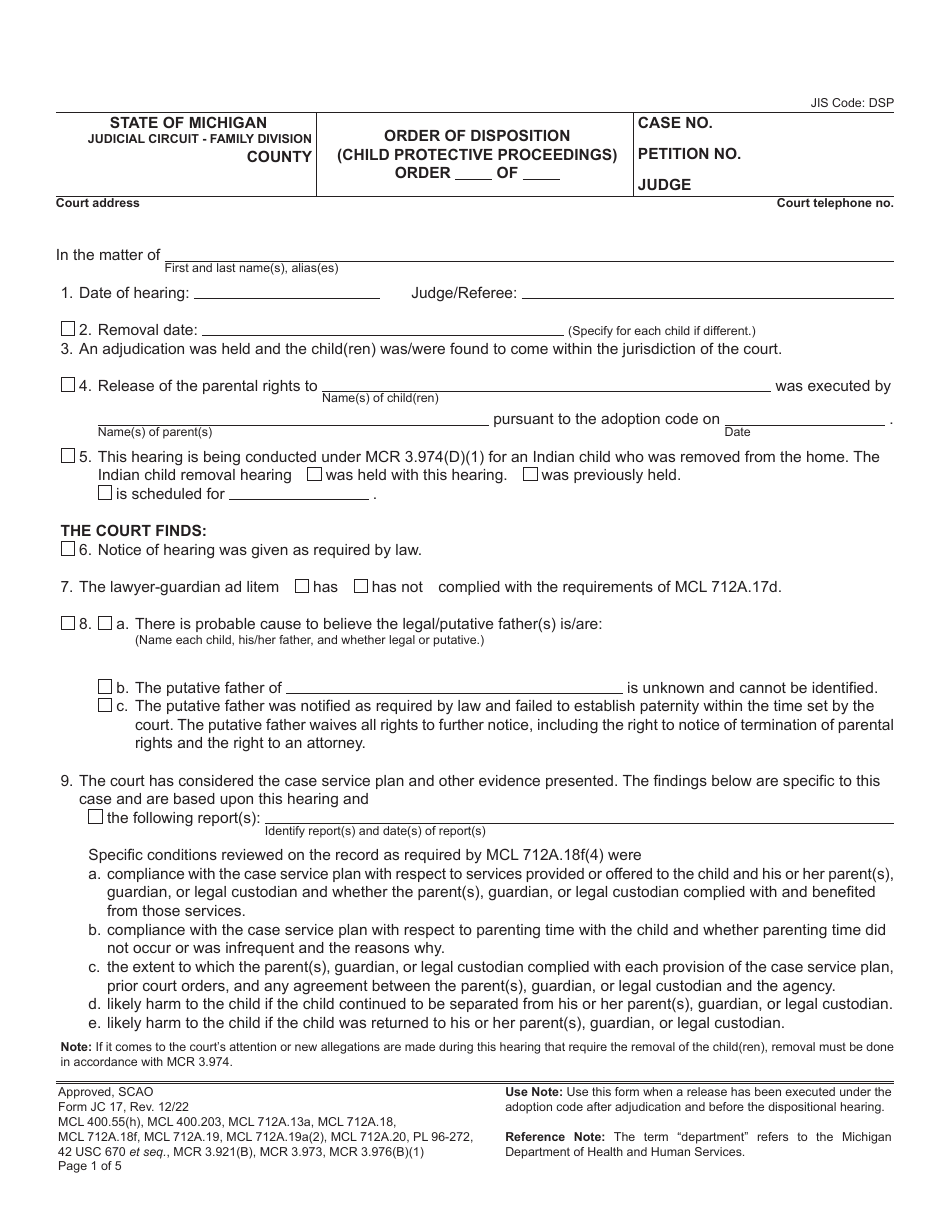 Form JC17 Order of Disposition (Child Protective Proceedings) - Michigan, Page 1