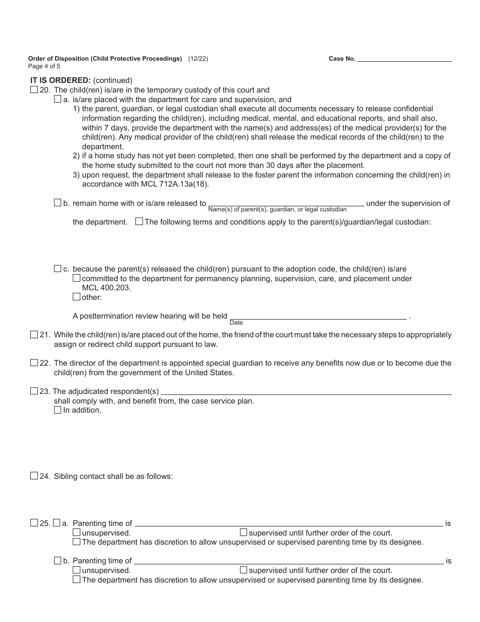 Form JC17 Order of Disposition (Child Protective Proceedings) - Michigan, Page 4