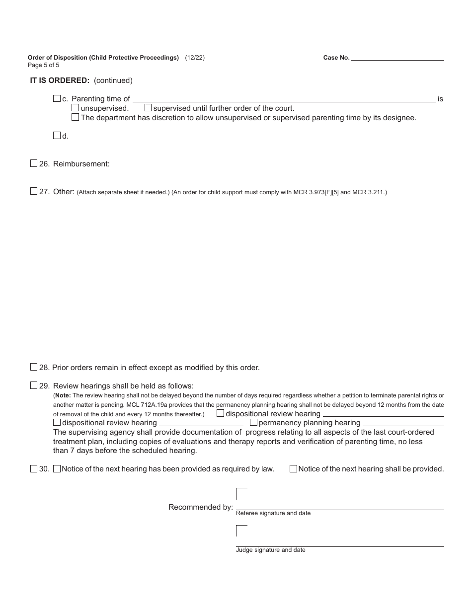 Form JC17 Order of Disposition (Child Protective Proceedings) - Michigan, Page 5