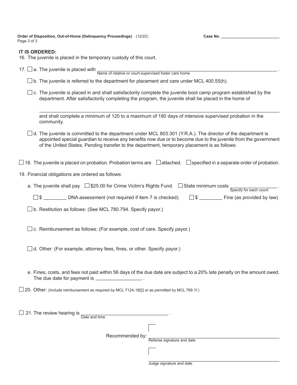 Form JC14B Order of Disposition, out-Of-Home (Delinquency Proceedings) - Michigan, Page 3