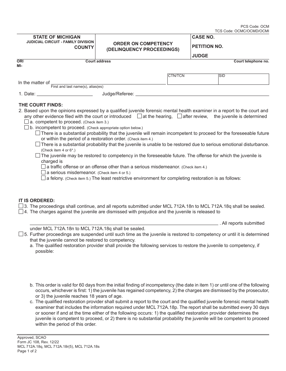Form JC108 Order on Competency (Delinquency Proceedings) - Michigan, Page 1