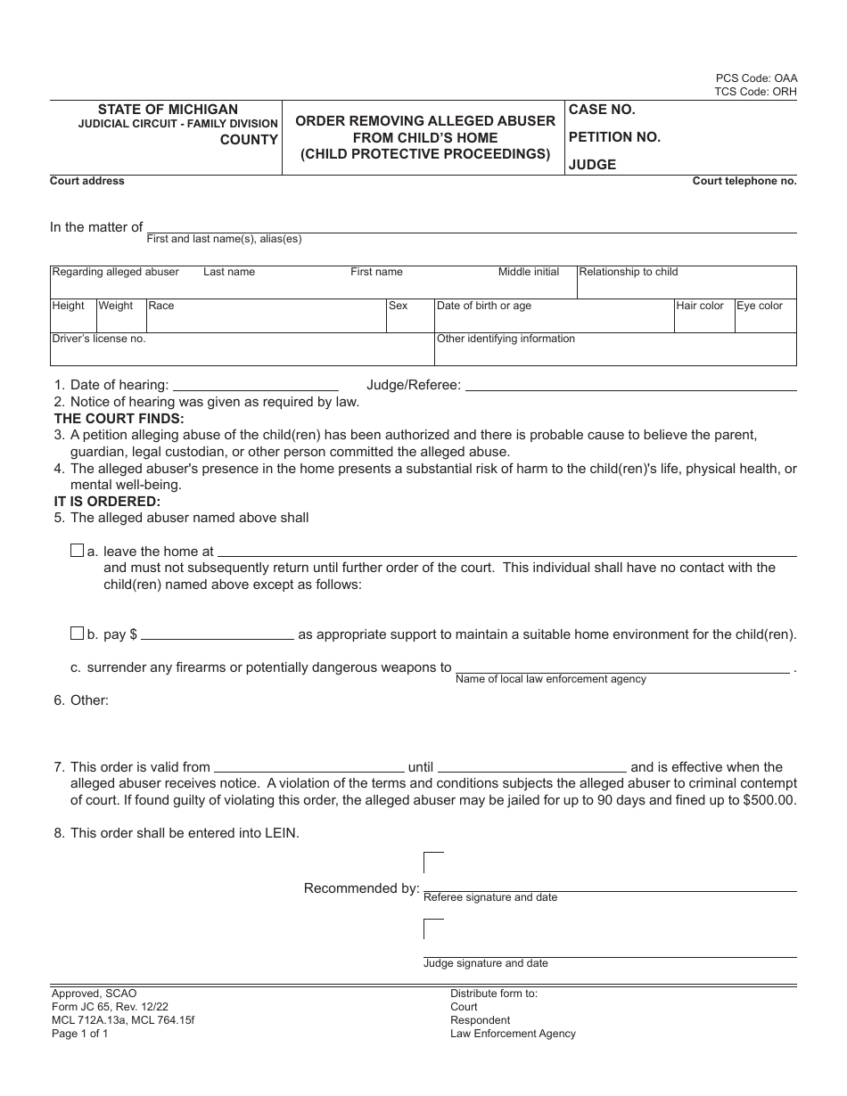 Form JC65 - Fill Out, Sign Online and Download Fillable PDF, Michigan ...