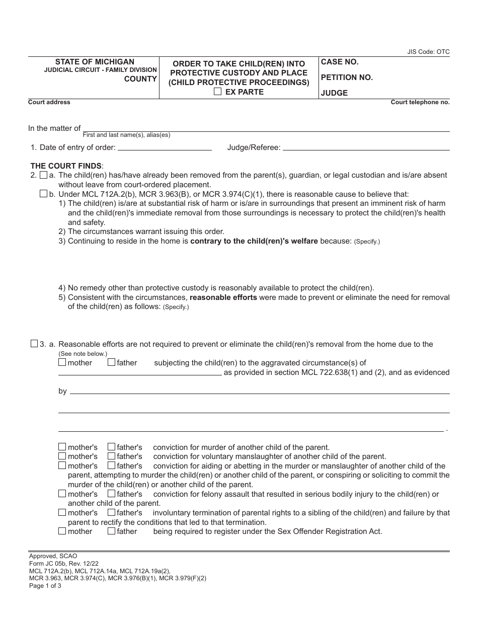 Form JC05B Download Fillable PDF or Fill Online Order to Take Child(Ren