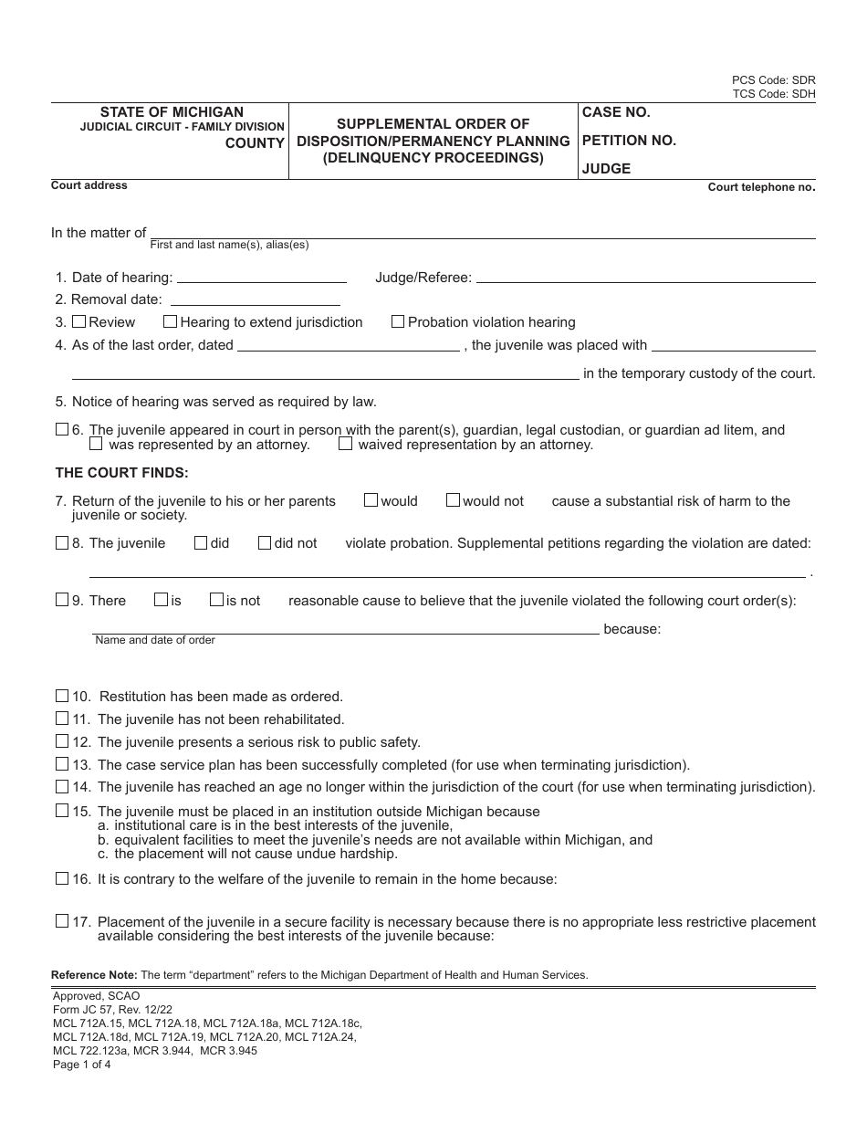 Form JC57 Download Fillable PDF or Fill Online Supplemental Order of ...