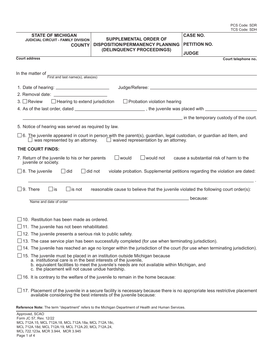 Form JC57 Supplemental Order of Disposition / Permanency Planning (Delinquency Proceedings) - Michigan, Page 1