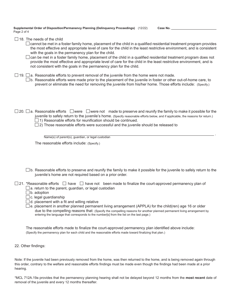 Form JC57 Supplemental Order of Disposition / Permanency Planning (Delinquency Proceedings) - Michigan, Page 2