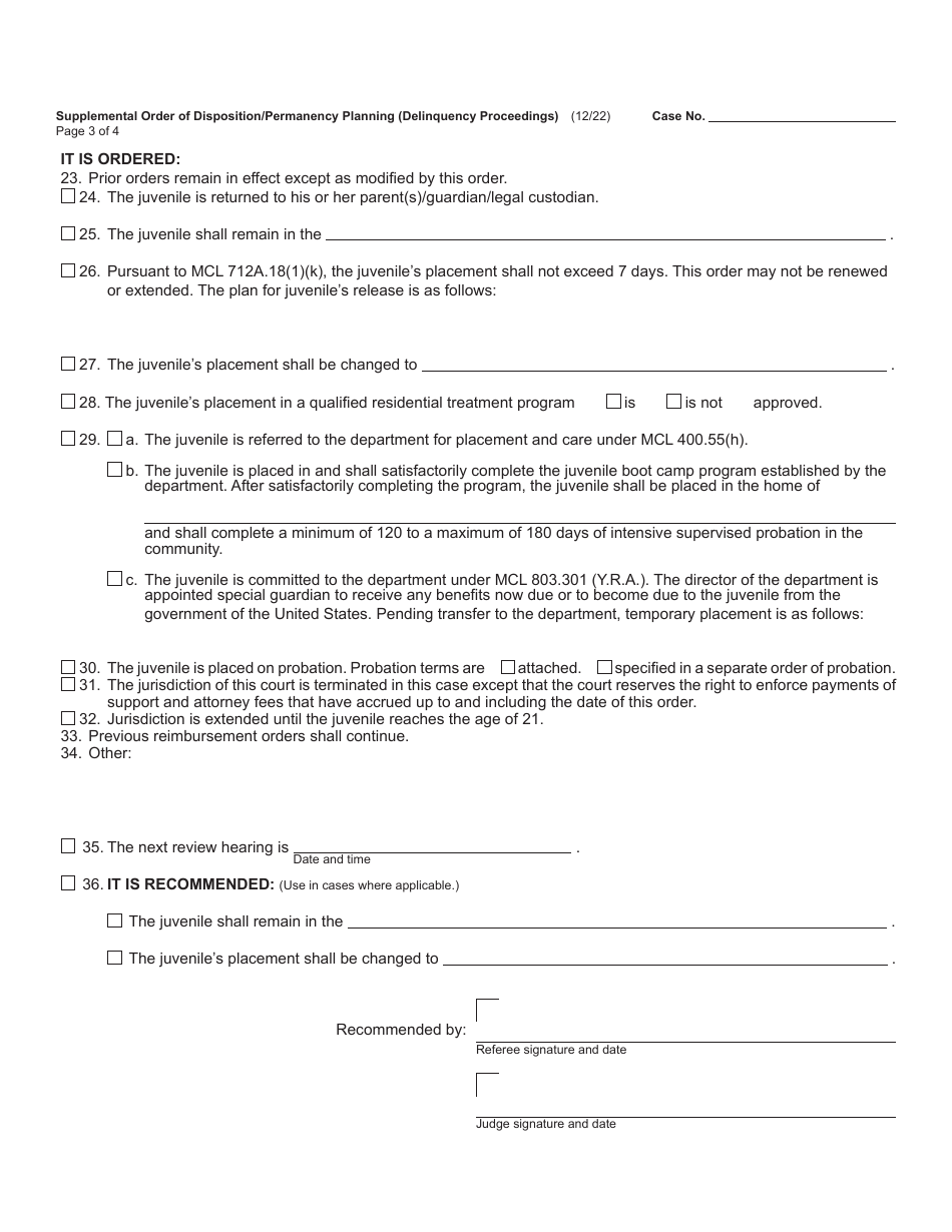 Form JC57 Supplemental Order of Disposition / Permanency Planning (Delinquency Proceedings) - Michigan, Page 3