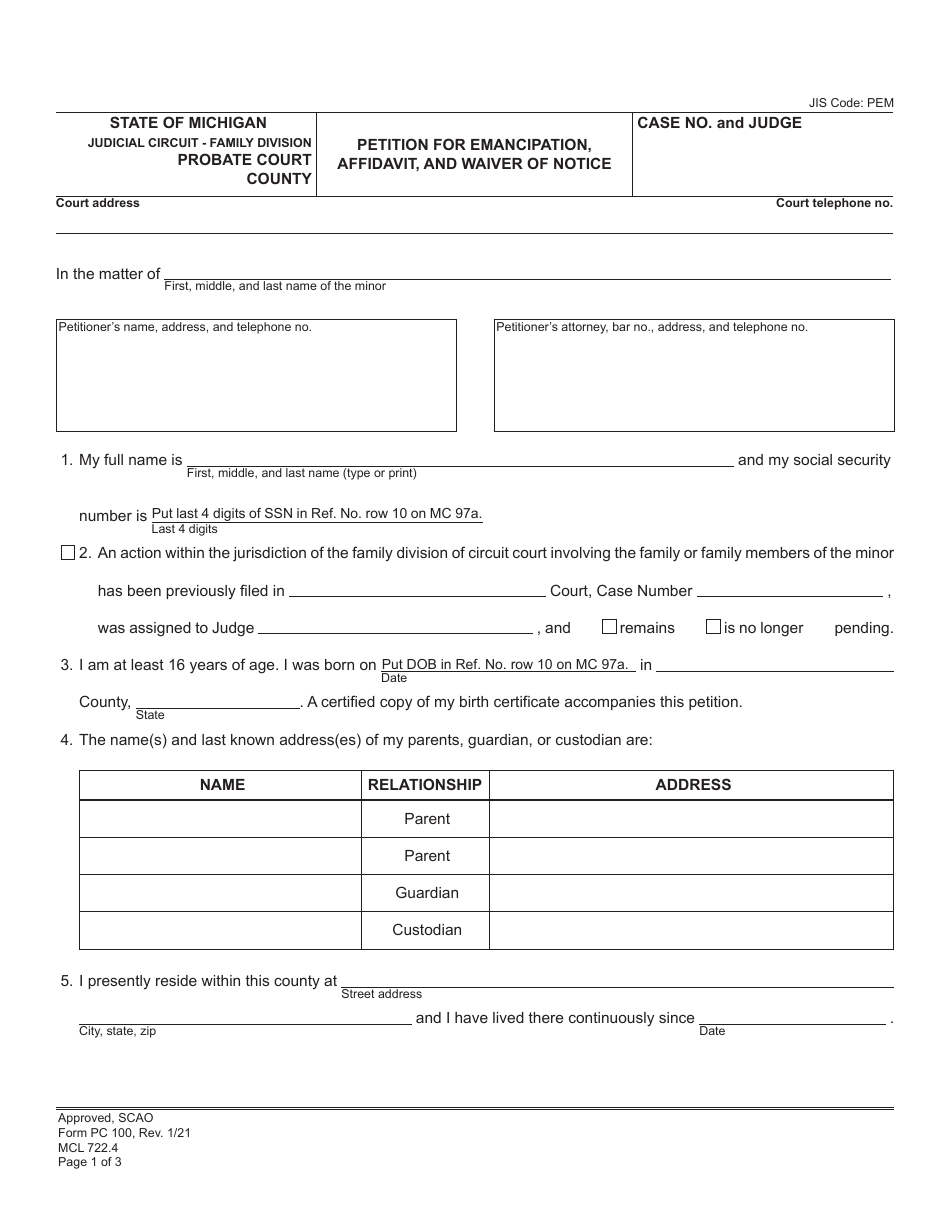 Form PC100 Petition for Emancipation, Affidavit, and Waiver of Notice - Michigan, Page 1