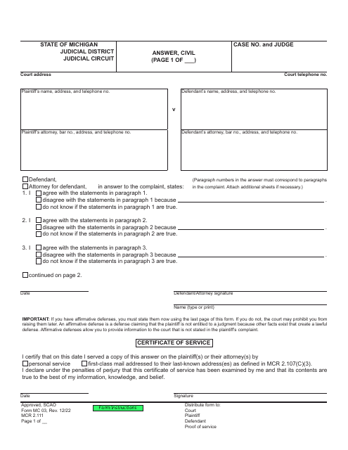 Form MC03 Answer, Civil - Michigan