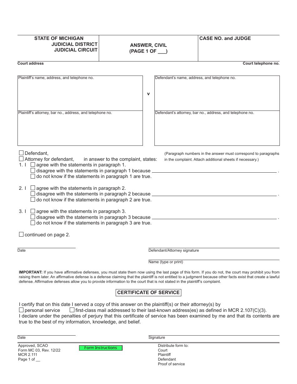 Form Mc03 Download Fillable Pdf Or Fill Online Answer, Civil, Michigan 