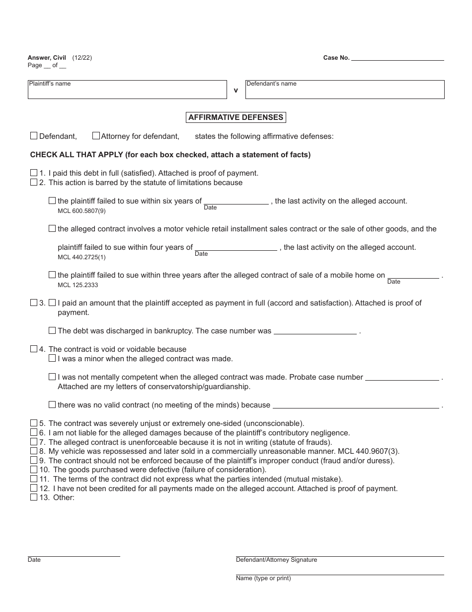 Form MC03 Answer, Civil - Michigan, Page 4