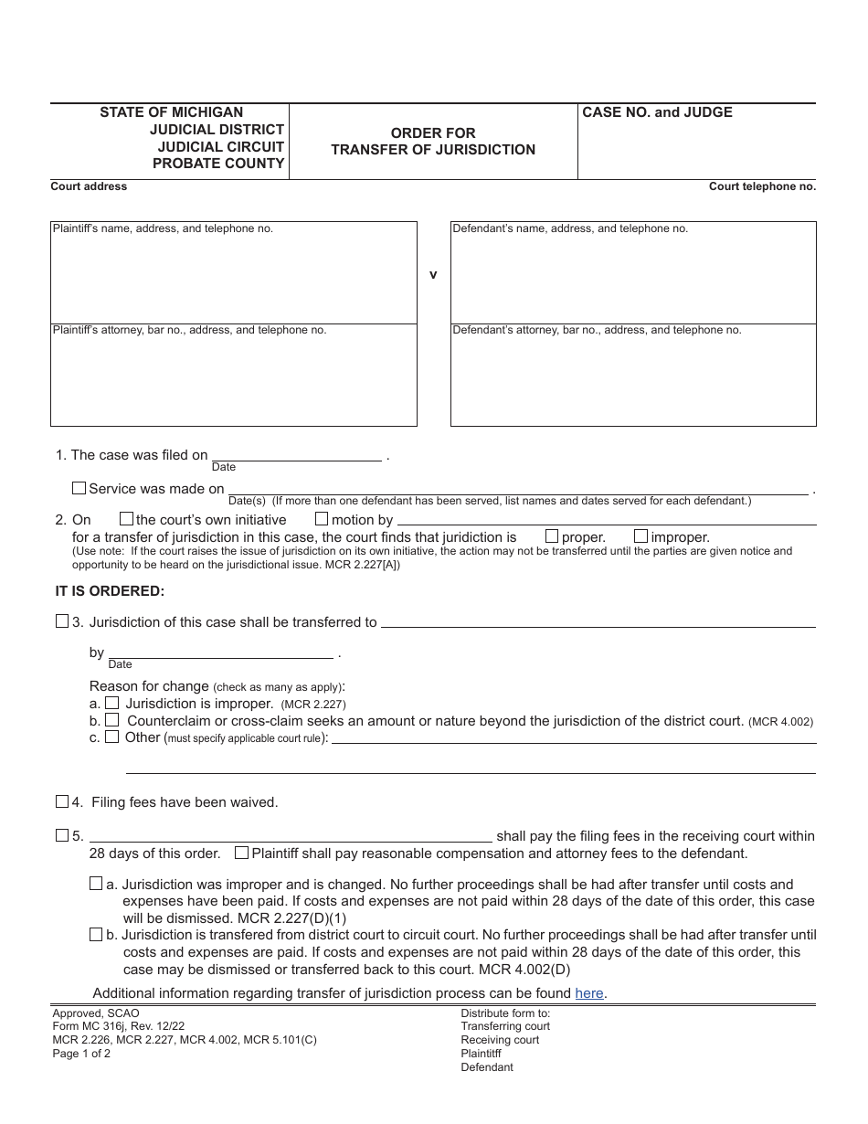 Form MC316J Order for Transfer of Jurisdiction - Michigan, Page 1