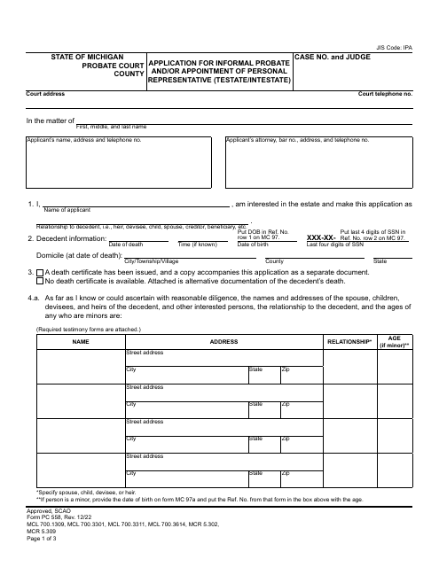 Form PC558 Application for Informal Probate and/or Appointment of Personal Representative (Testate/Intestate) - Michigan