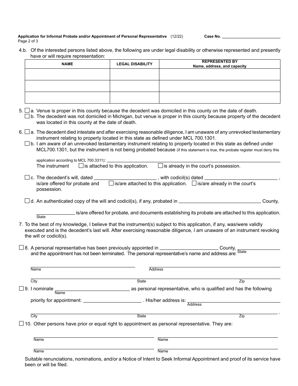 Form PC558 Application for Informal Probate and / or Appointment of Personal Representative (Testate / Intestate) - Michigan, Page 2