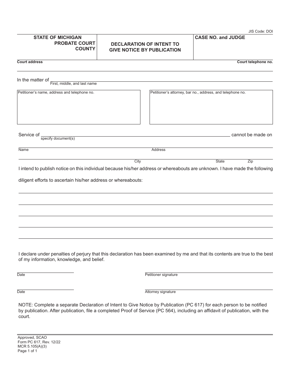 Form PC617 Download Fillable PDF or Fill Online Declaration of Intent ...