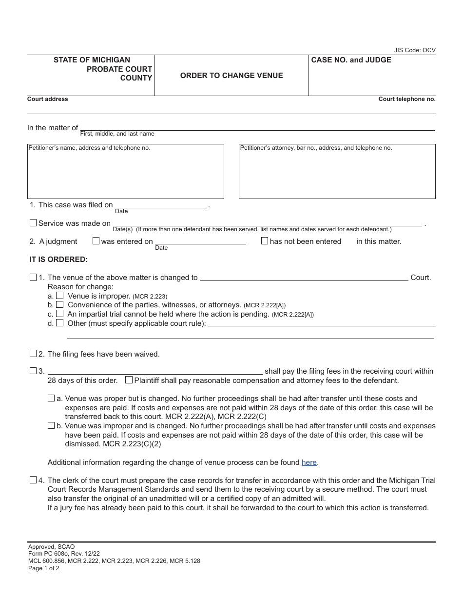 Form PC608O Order to Change Venue - Michigan, Page 1