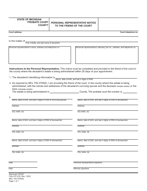 Form PC618 Personal Representative Notice to the Friend of the Court - Michigan