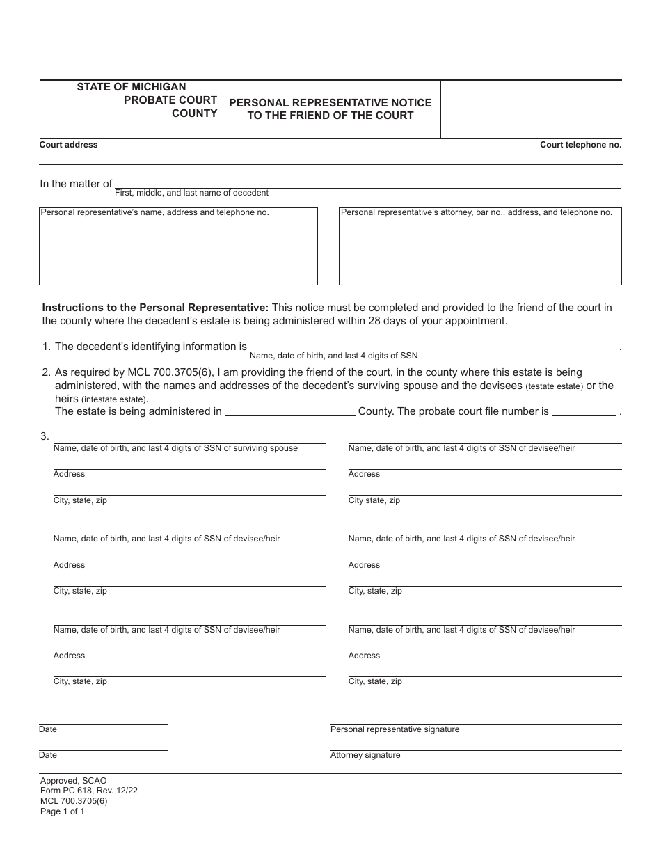 Form PC618 Download Fillable PDF or Fill Online Personal Representative ...