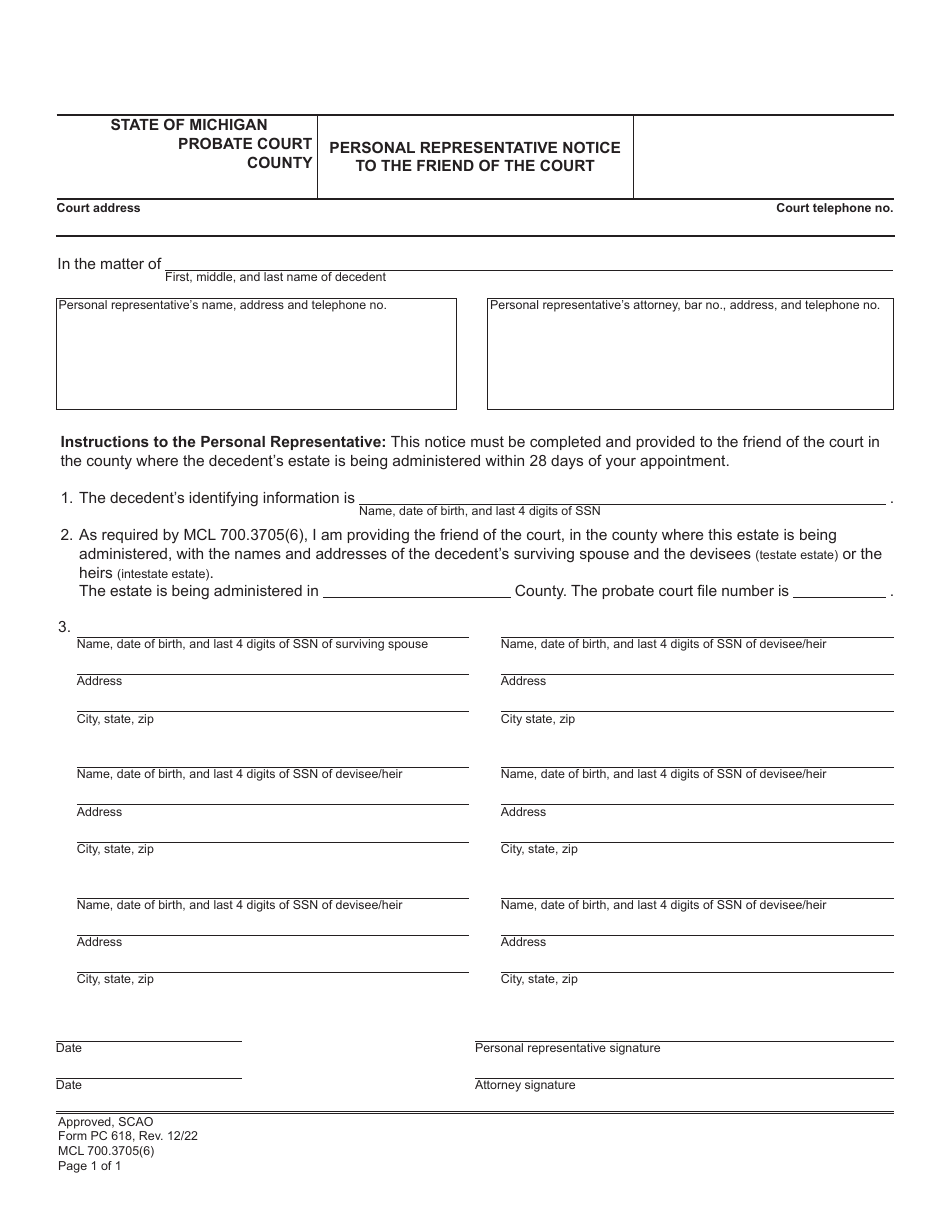 Form PC618 Personal Representative Notice to the Friend of the Court - Michigan, Page 1