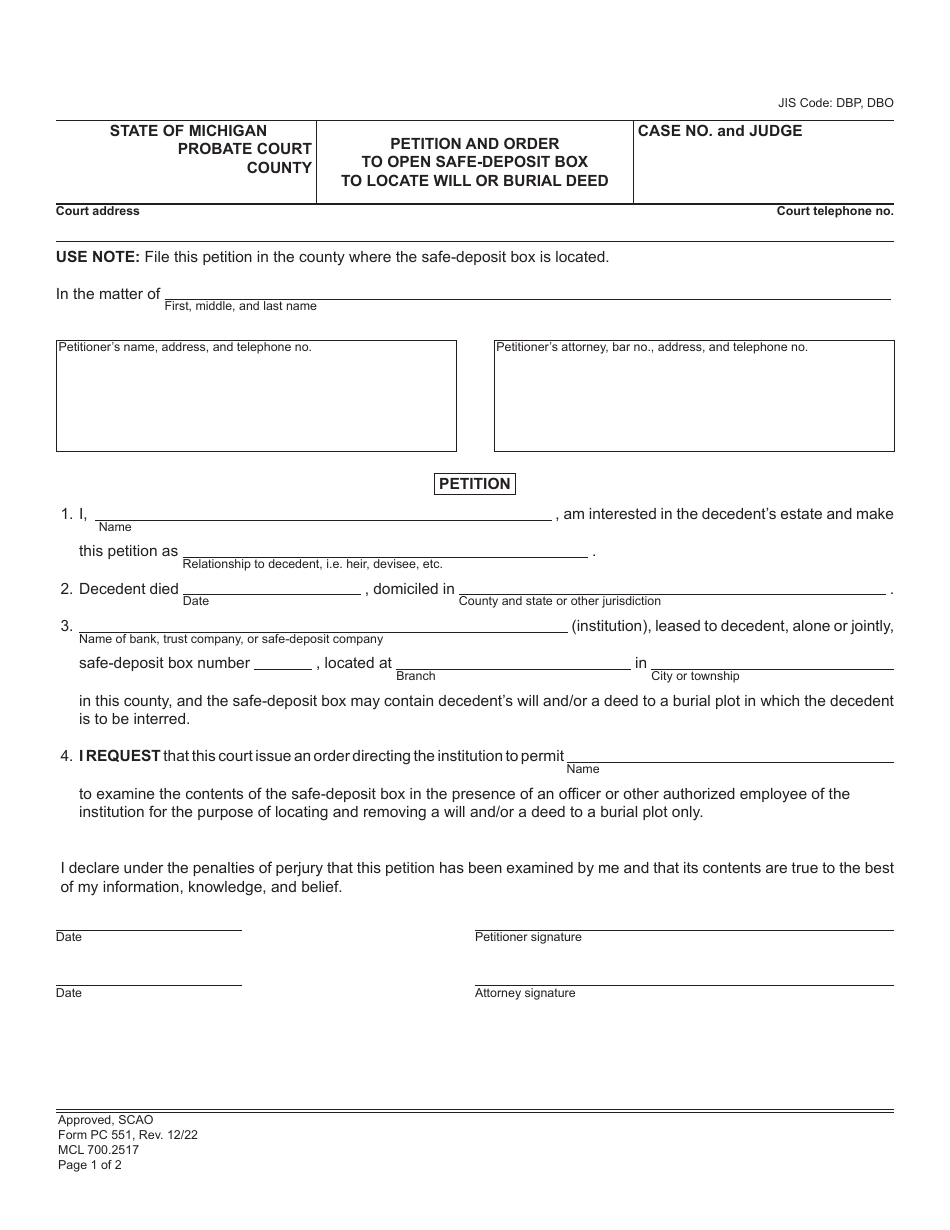Form PC551 Petition and Order to Open Safe-Deposit Box to Locate Will or Burial Deed - Michigan, Page 1