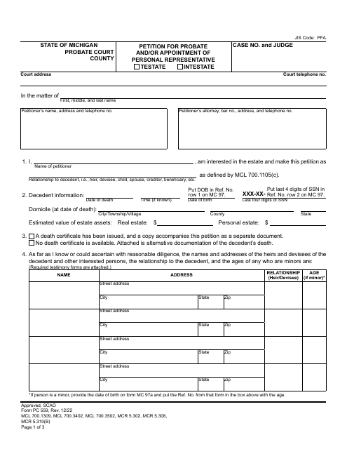 Michigan Probate Court Forms PDF templates download Fill and print for