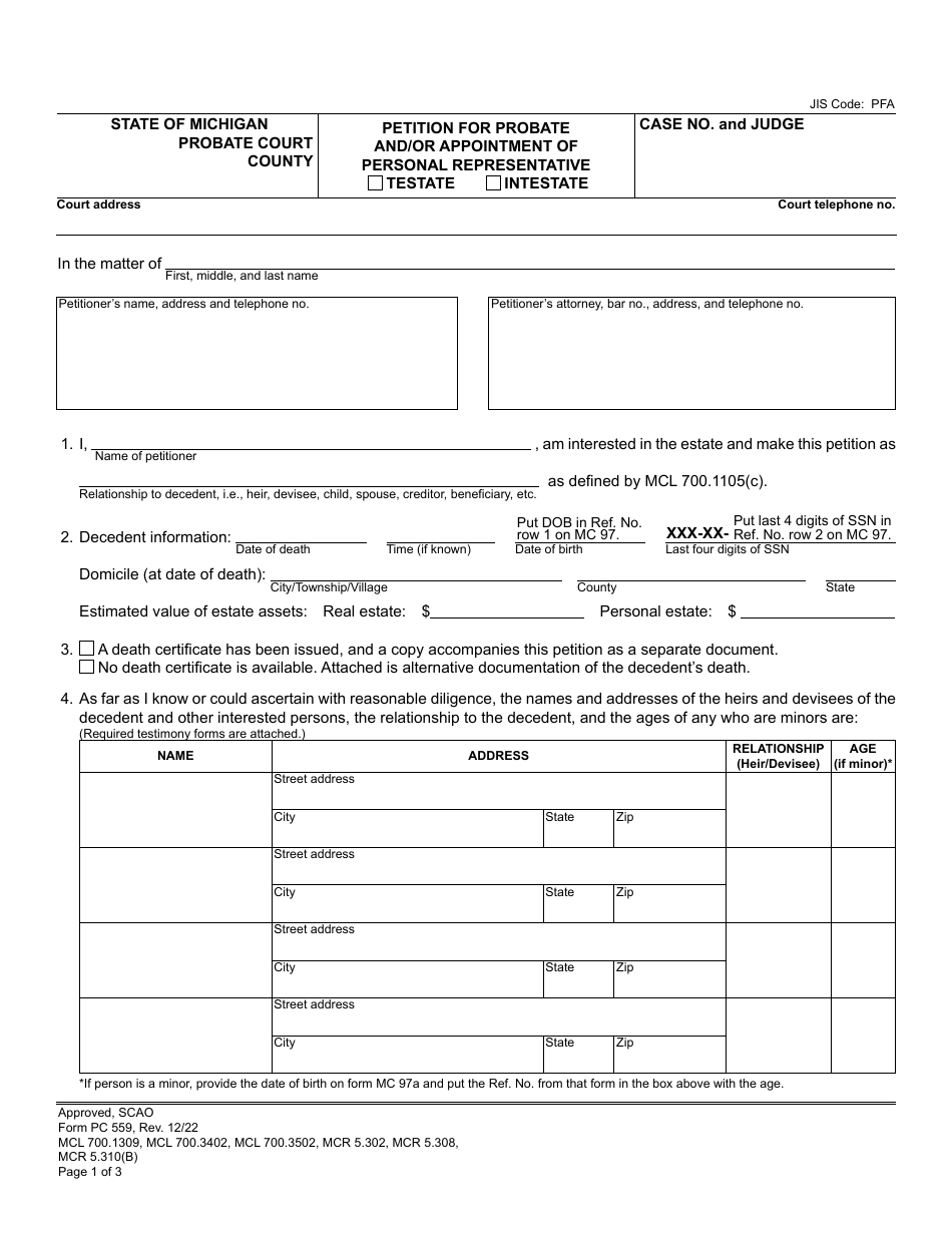 Form PC559 Download Fillable PDF or Fill Online Petition for Probate ...