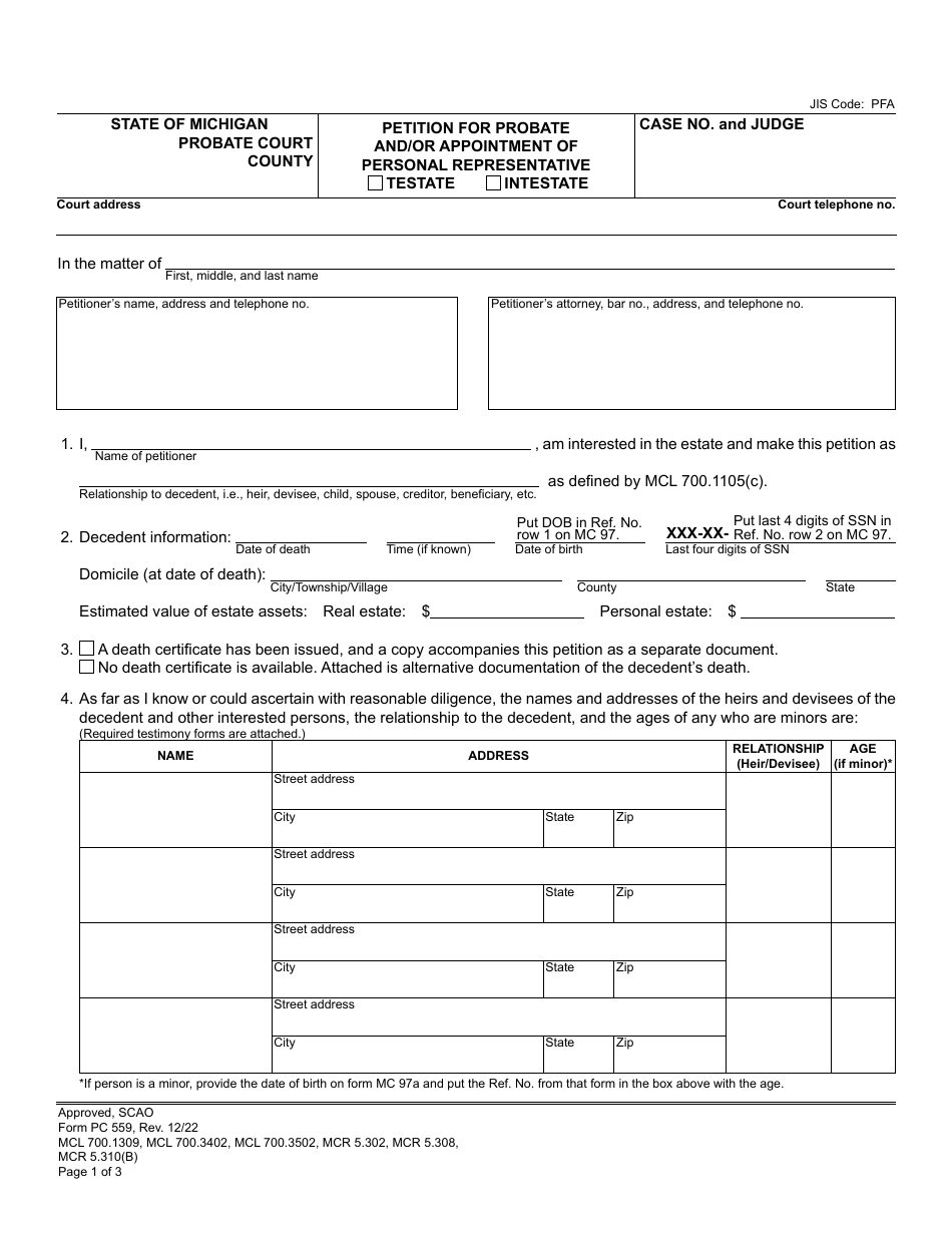 Form PC559 Petition for Probate and / or Appointment of Personal Representative - Michigan, Page 1