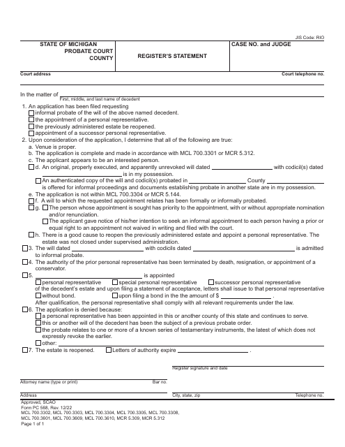 Form PC568 Register's Statement - Michigan