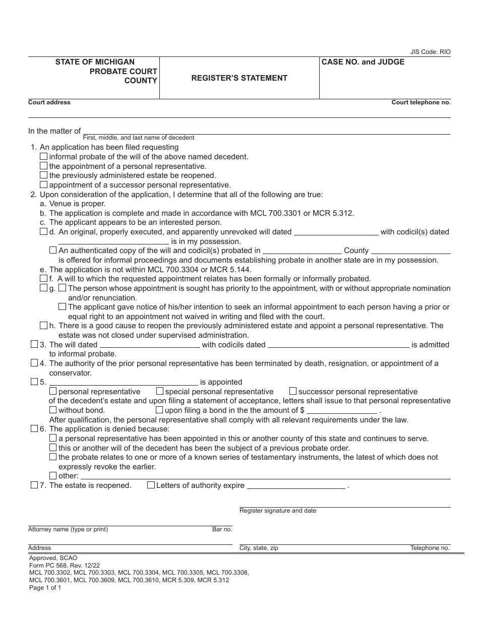 Form PC568 Registers Statement - Michigan, Page 1