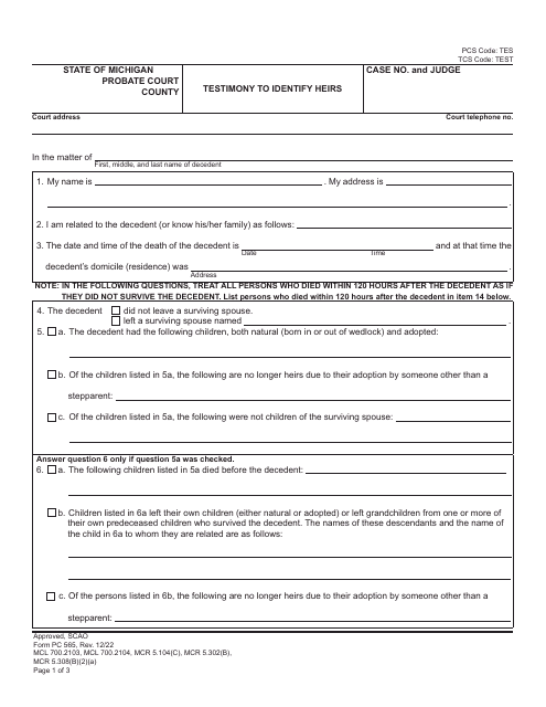 Form PC565 Testimony to Identify Heirs - Michigan