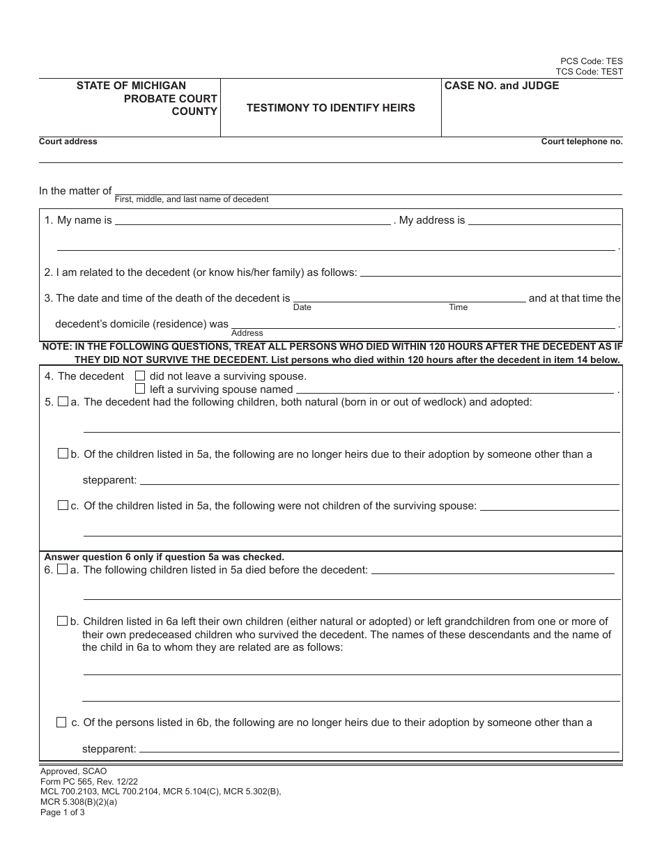 Form PC565 Testimony to Identify Heirs - Michigan, Page 1