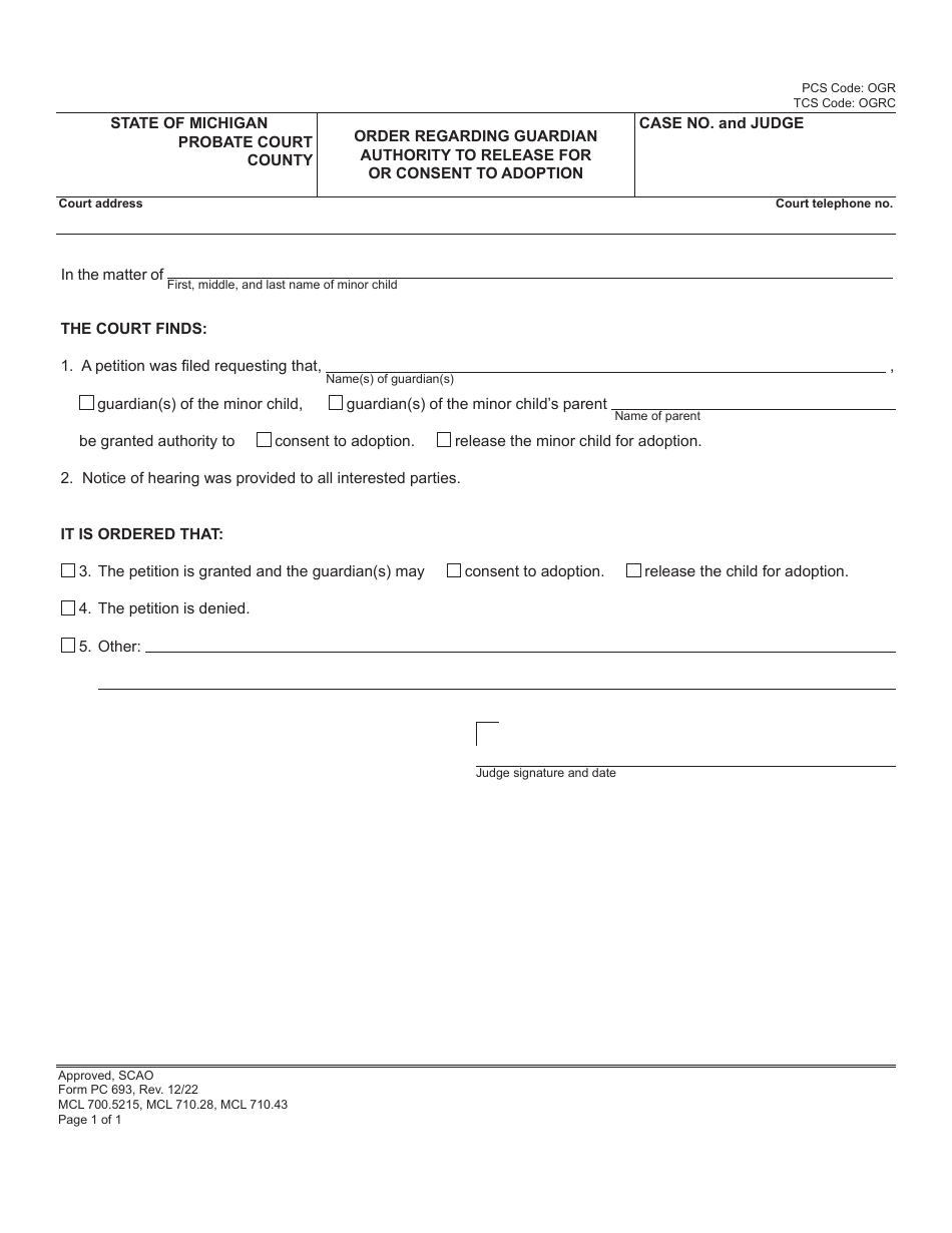 Form PC693 Order Regarding Guardian Authority to Release for or Consent to Adoption - Michigan, Page 1