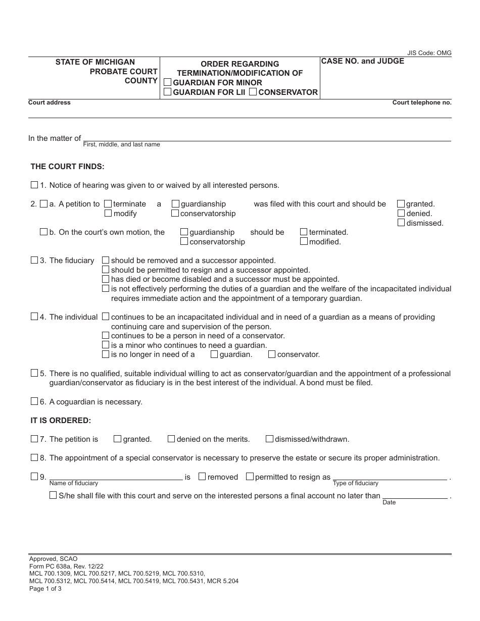 Form PC638A Order Regarding Termination / Modification of Guardian for Minor or Guardian for Lii / Conservator - Michigan, Page 1