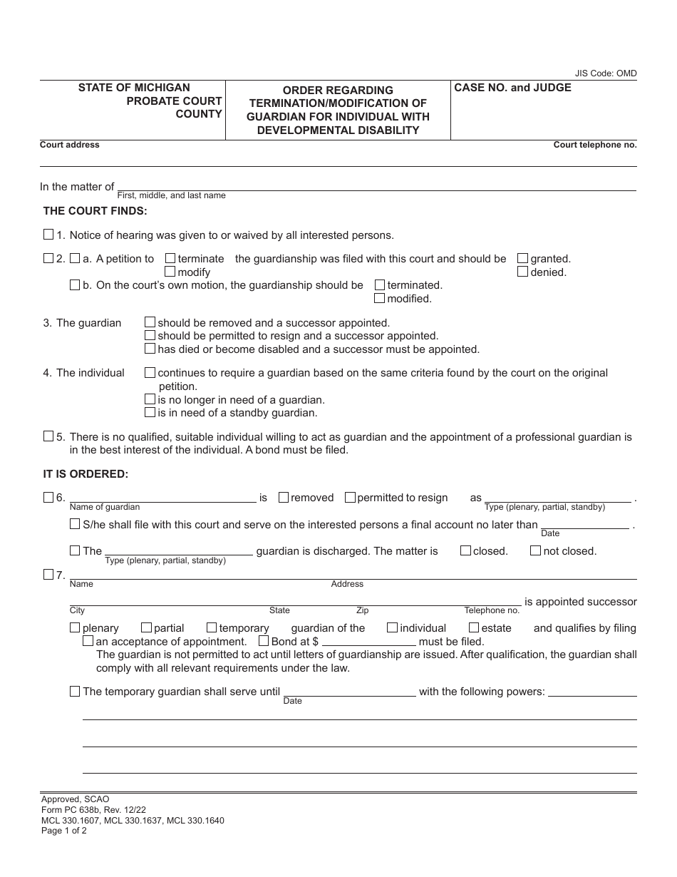 Form PC638B Download Fillable PDF or Fill Online Order Regarding ...