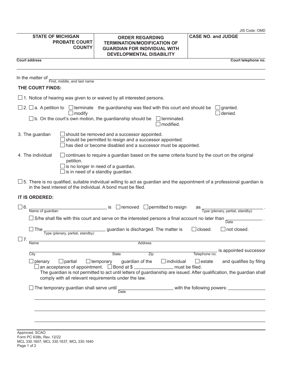 Form PC638B Order Regarding Termination / Modification of Guardian for Individual With Developmental Disability - Michigan, Page 1