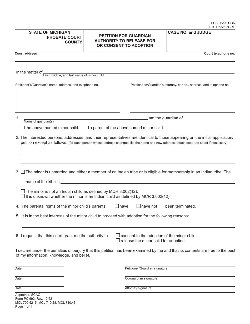 Form PC692 Petition for Guardian Authority to Release for or Consent to Adoption - Michigan, Page 1