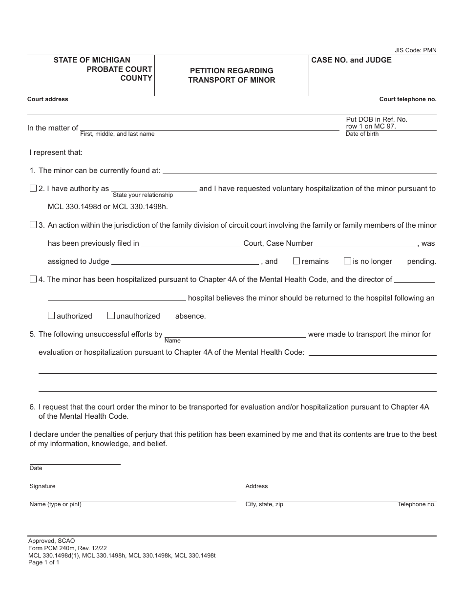 Form PCM240M Petition Regarding Transport of Minor - Michigan, Page 1