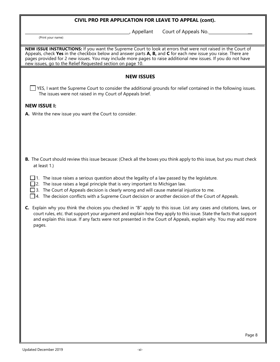 Michigan pro per application for leave to appeal in a civil case fill