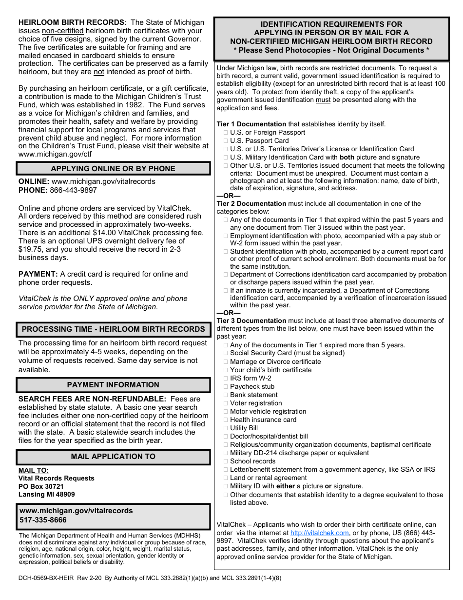 Form DCH-0569-BX-HEIR Application for a Non-certified Copy - Michigan Heirloom Birth Record - Michigan, Page 2