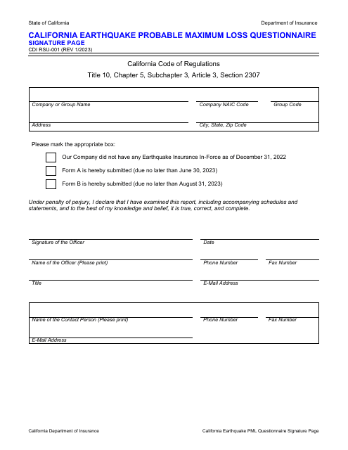 Form CDI RSU-001 2022 Printable Pdf