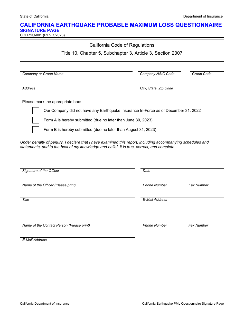 Form CDI RSU-001 California Earthquake Probable Maximum Loss Questionnaire Signature Page - California, Page 1